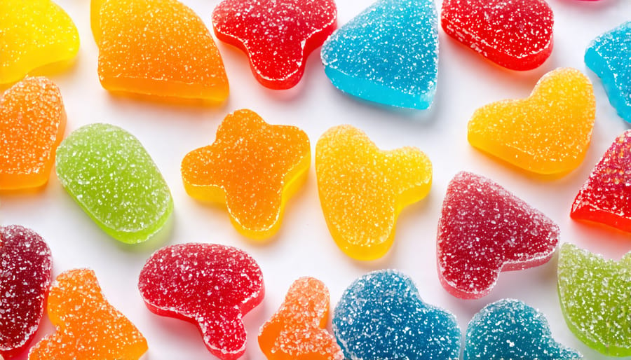 An assortment of colorful freeze dried candies displayed on a white surface