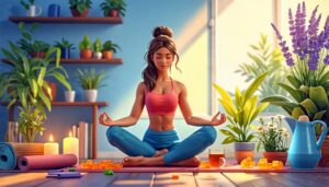 A busy mother practicing yoga at home for stress relief, surrounded by calming elements like THC gummies, chamomile tea, and a lavender plant, set in a peaceful environment.