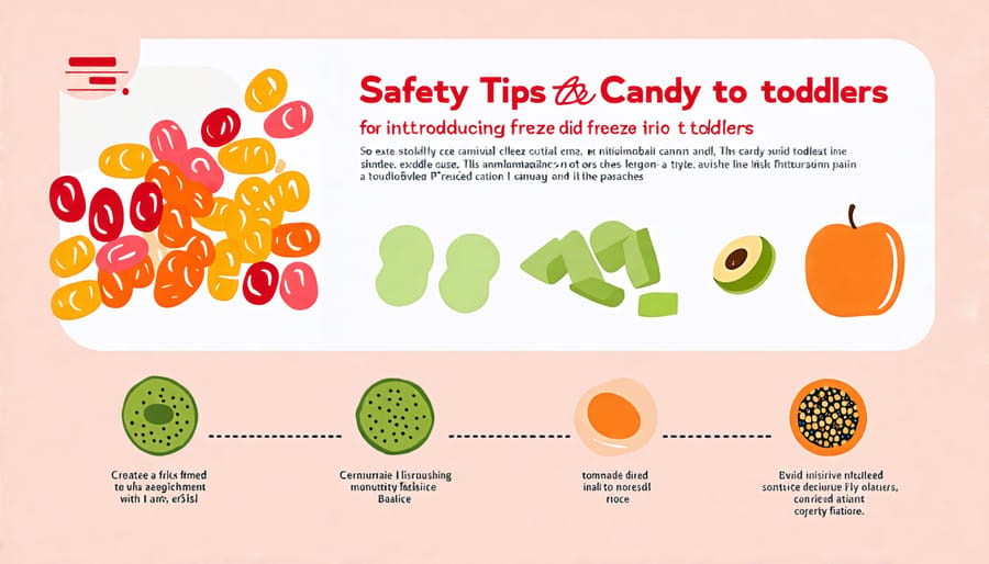 Infographic outlining tips on safely introducing freeze dried candy to toddlers, including portion control and supervision