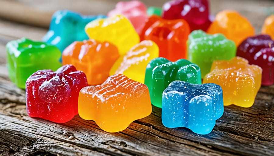 Different colored THC gummies on a wooden table