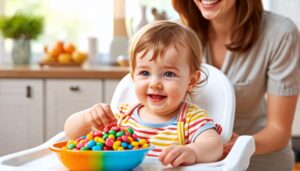 A toddler in a high chair happily examines a bowl of colorful freeze-dried candy while a caregiver watches attentively, set in a cozy kitchen environment.