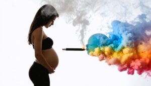 Artistic representation of a pregnant woman contemplating vaping vs. her child's health, depicting an e-cigarette and a fetus in contrasting frames.