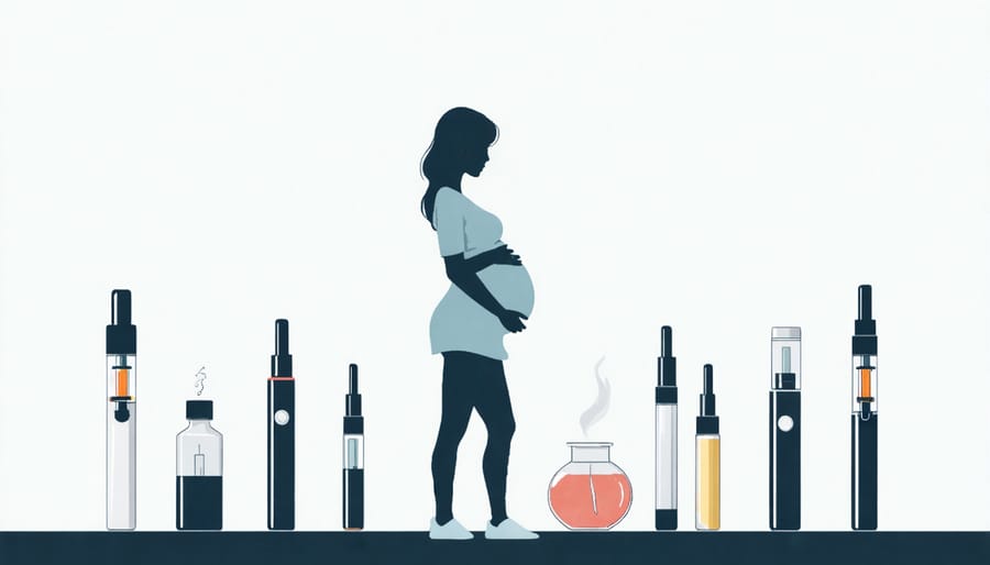 Pregnant woman looking at various e-cigarette choices with a concerned expression