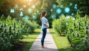 Pregnant woman considering her journey with THCA, balancing nature’s remedies with medical advice and community support.