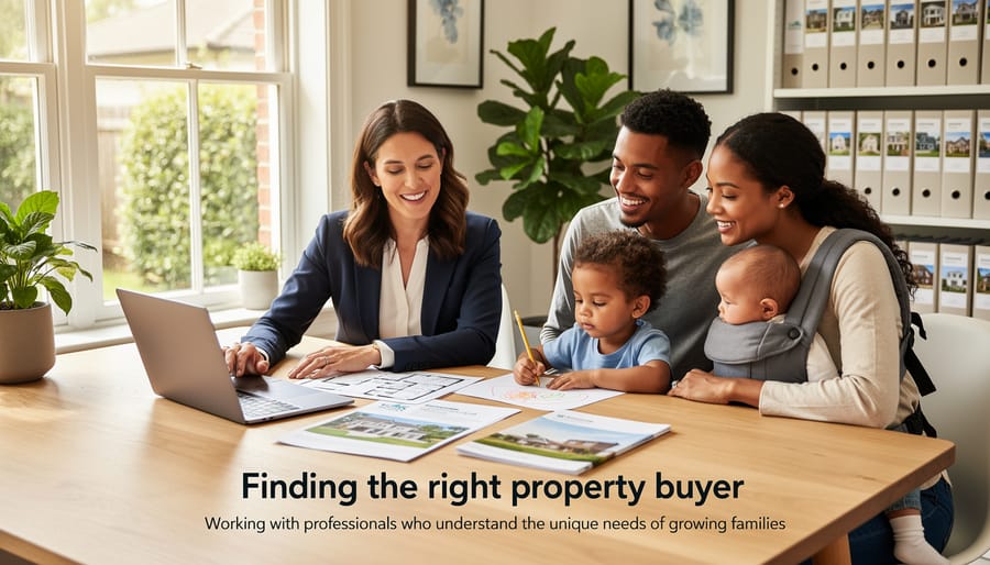 Family-friendly property buyer meeting with parents while their children play in the background