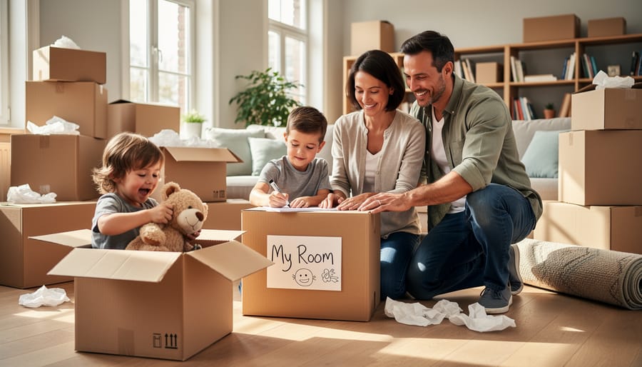 Family working together to pack belongings with children happily helping in bedroom