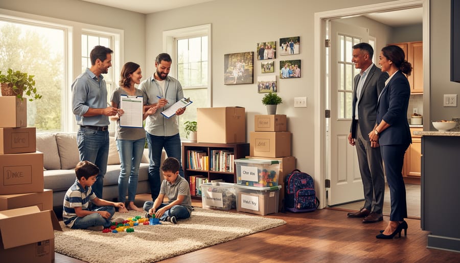 Mother with toddler reviewing documents while surrounded by moving boxes and children's toys