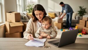 Mother holding toddler while reviewing paperwork at a dining table with house keys and a closed laptop, soft daylight, with blurred moving boxes, children’s toys, and a partner tidying in the background.