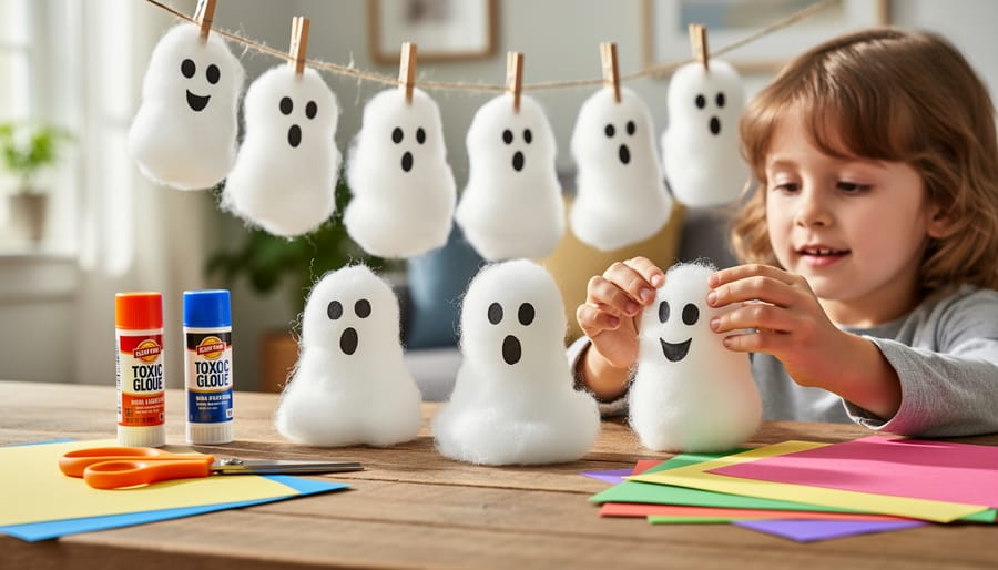 Close-up of hands applying cotton balls to ghost craft cutouts on a board