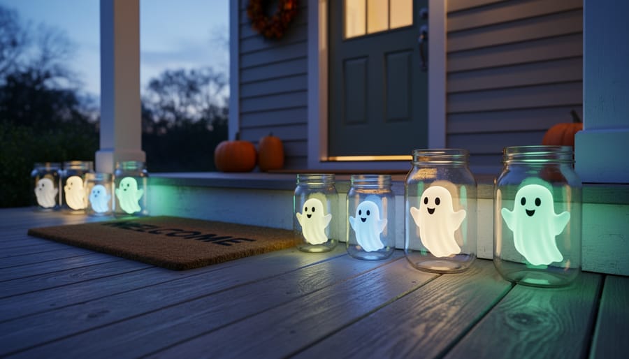 Mason jar ghost luminaries with lit tea lights glowing on a porch at night