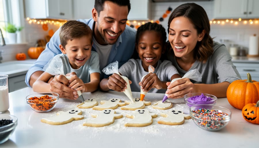 Mother and kids decorating ghost-shaped sugar cookies on a kitchen table with icing and edible markers