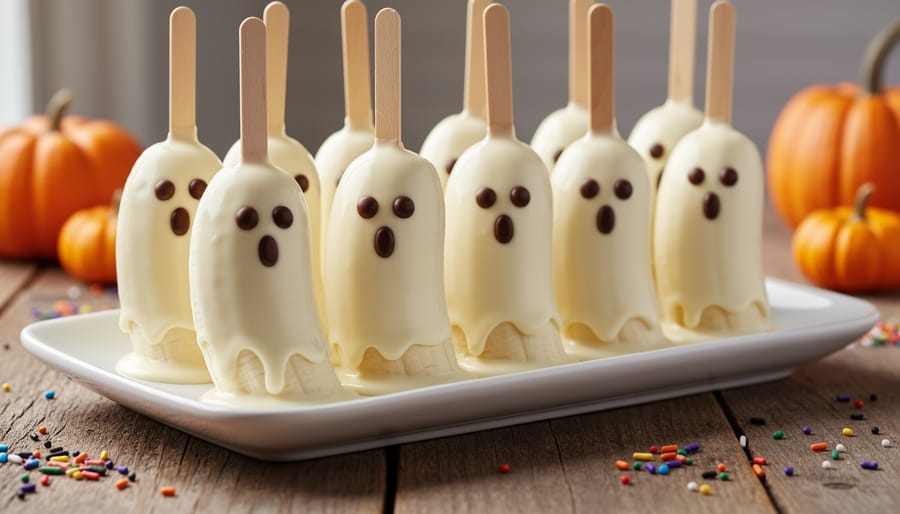 White chocolate-dipped banana ghost pops on a parchment-lined tray viewed from above