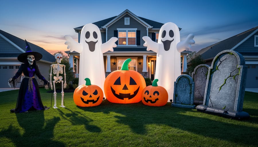 Anchored tall skeleton and inflatable Halloween decoration positioned on a lawn at dusk with stakes and tethers visible.