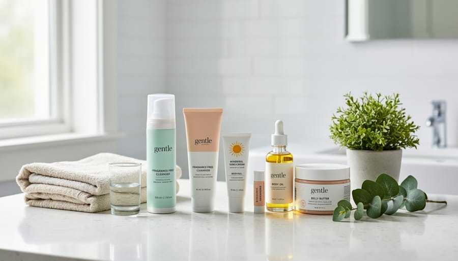 Assorted skincare and mineral sunscreen items arranged on a marble countertop for a pregnancy-safe routine