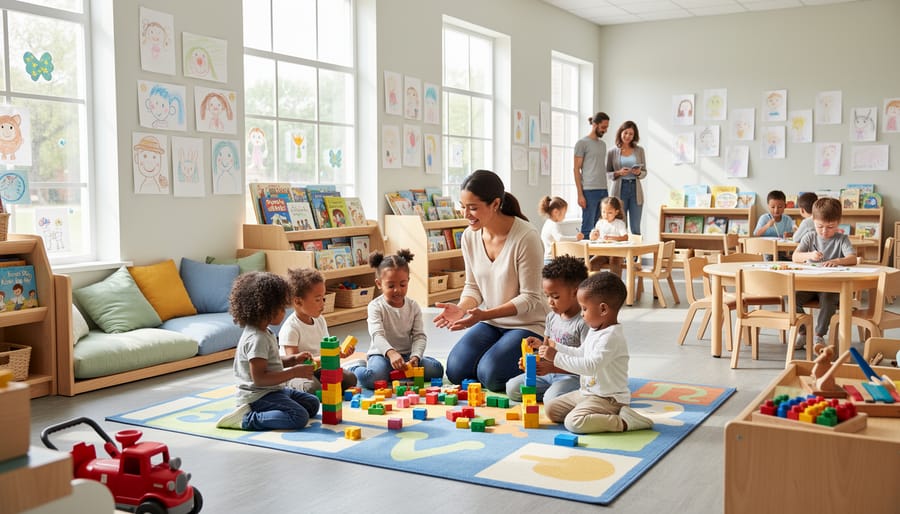 Children playing with blocks on the floor in a bright early childhood classroom