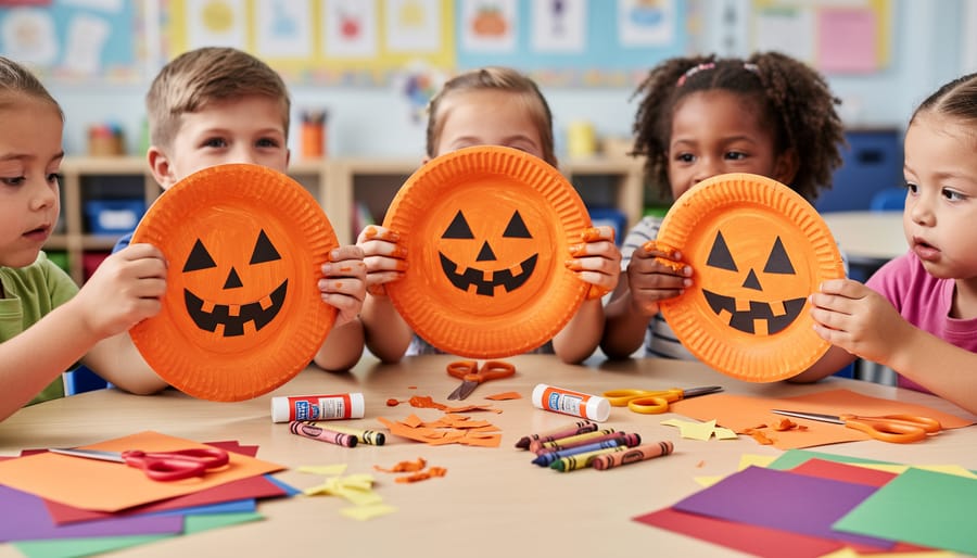 Children painting paper plate jack-o'-lantern faces at a classroom craft table with Halloween craft supplies.