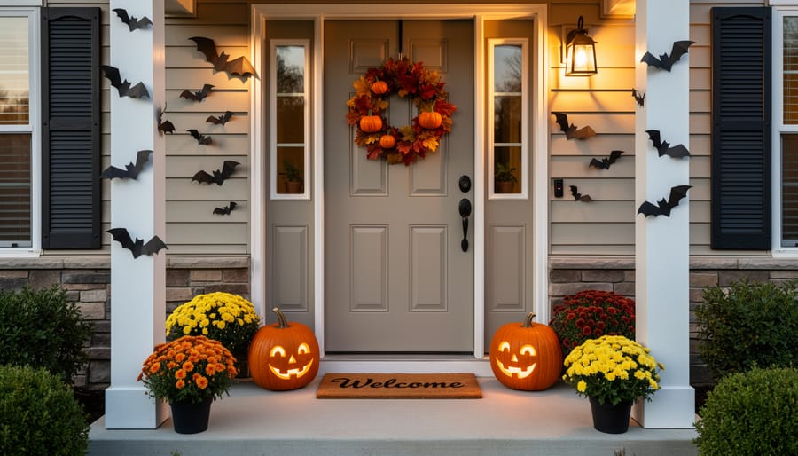 Halloween-decorated front door with wreath, garland, pumpkins, and faux cobwebs in warm porch lighting