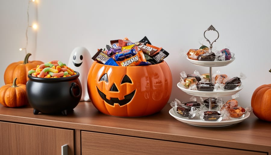 Halloween candy bowls and serving dishes filled with assorted wrapped candies on a table