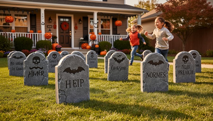 Foam tombstones staked in a yard walkway for Halloween decoration
