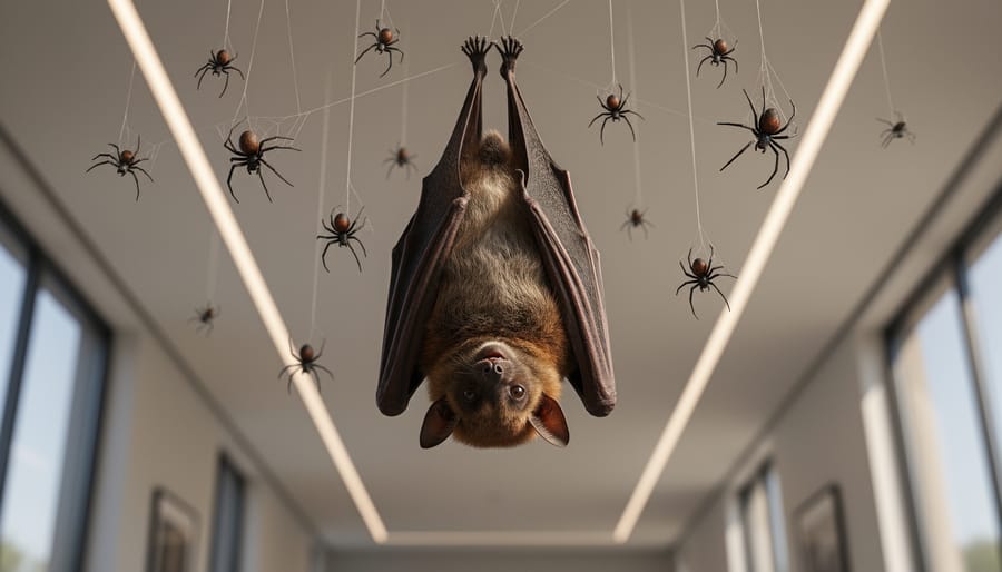 Hanging bats and spider decorations suspended near the ceiling