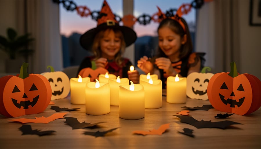Glowing flameless LED candles on a Halloween-decorated mantel