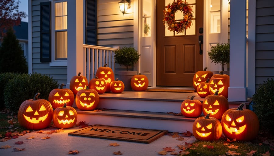 Light-up jack-o'-lantern pumpkins placed on a front porch near the front door