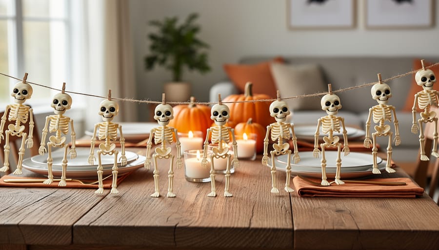 Mini skeleton garland draped over a Halloween-decorated dining table