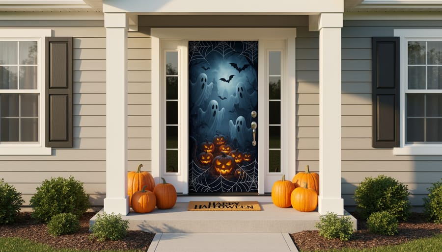Spooky Halloween door cover displayed on an exterior front door