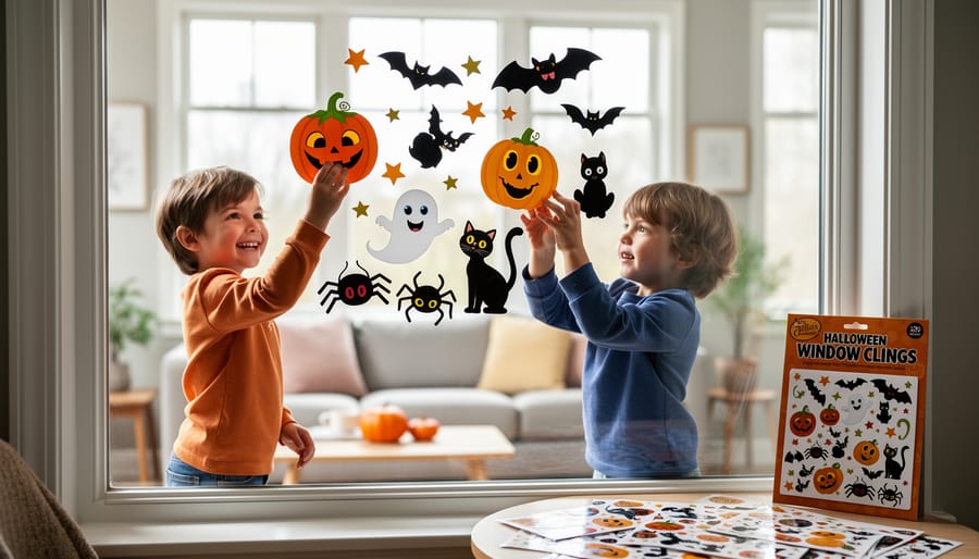 Hands applying reusable Halloween window cling decals on a glass window