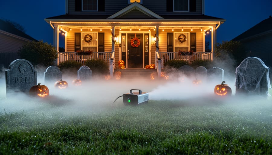 Fog machine producing a low cloud of fog near a porch step with Halloween decorations in the background.