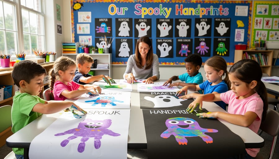 A parent and children working at a craft table to make handprint ghost and monster banner decorations.
