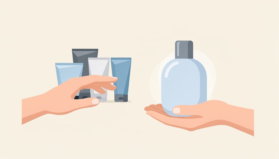 Hands dispensing gentle lotion or soap near an open window with warm light suggesting fresh, careful skincare choices
