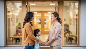 Parent and child arriving at a Jacob Hespeler child care center entrance as a staff member greets them warmly.