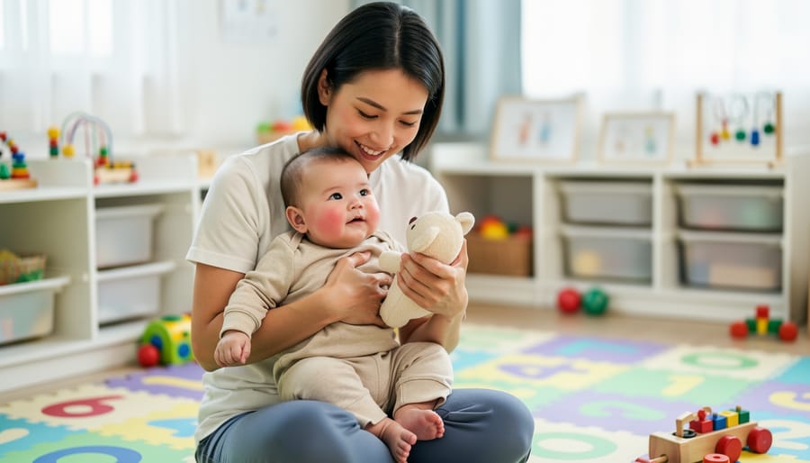 Caregiver holding and comforting an infant in a child care room