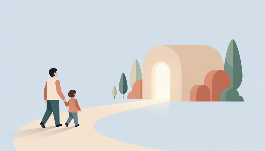 Parent and child arriving at a child care center entrance with a staff member greeting them