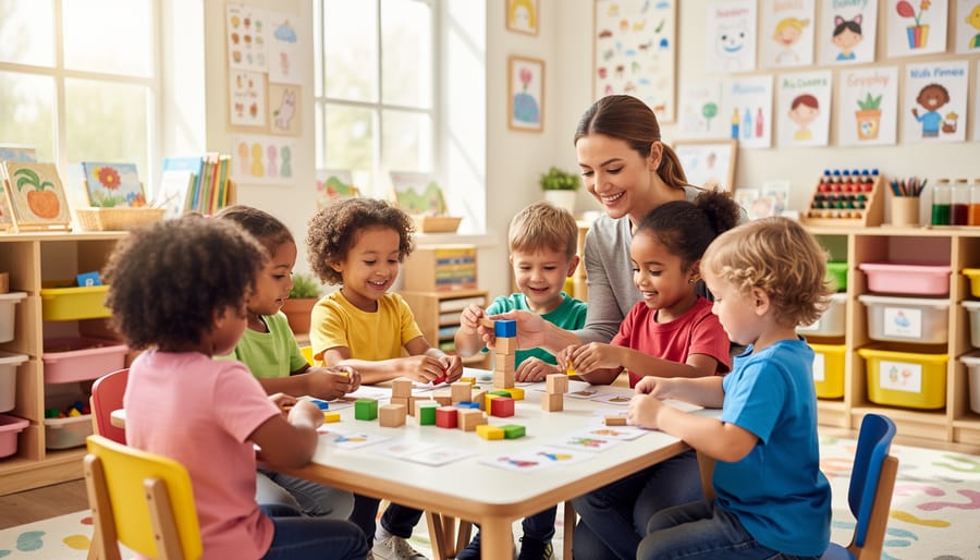 Teacher and preschool-aged children participating in a hands-on activity at a table