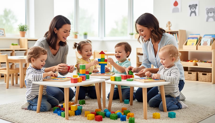 Toddlers playing on a soft play area with a caregiver nearby in a child care setting