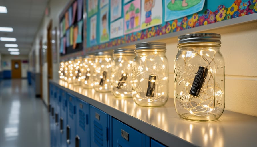 Mason jar lanterns with tissue paper designs lit by battery LED tea lights.