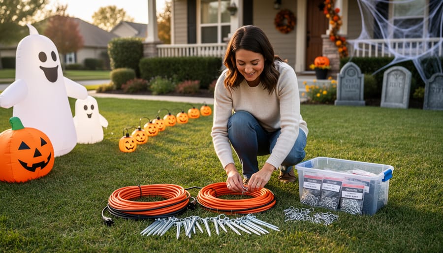 Busy mom holding outdoor extension cords and stakes while preparing Halloween lawn decorations in a suburban driveway.