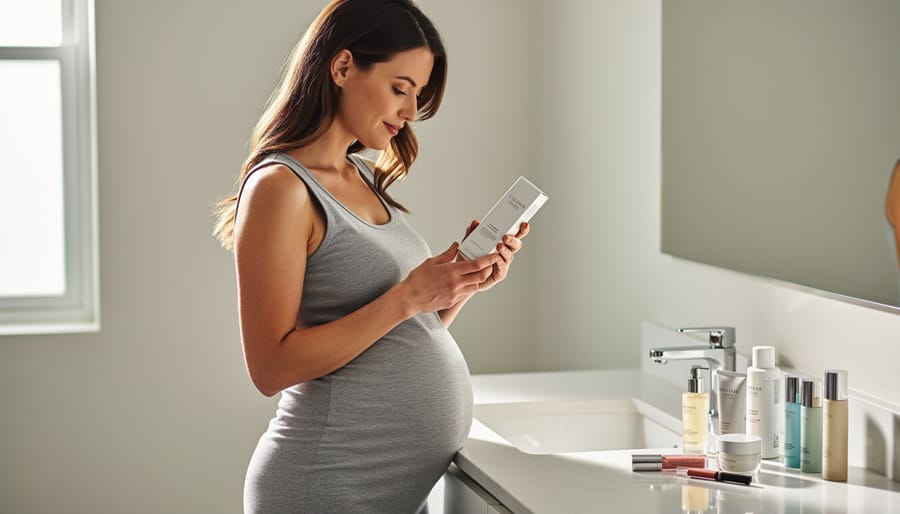 Pregnant woman at a vanity carefully checking cosmetic product labels in soft natural light