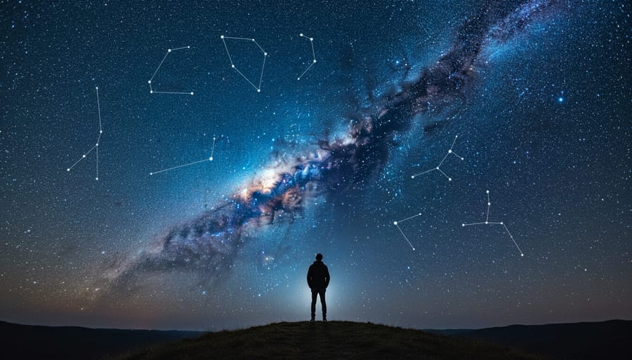 Wide night sky showing stars and a constellation over a quiet meadow