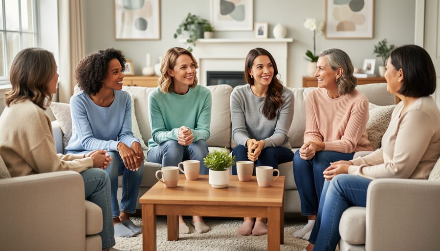 Three mothers comfortably seated together at home, sharing a supportive moment while a baby plays nearby.