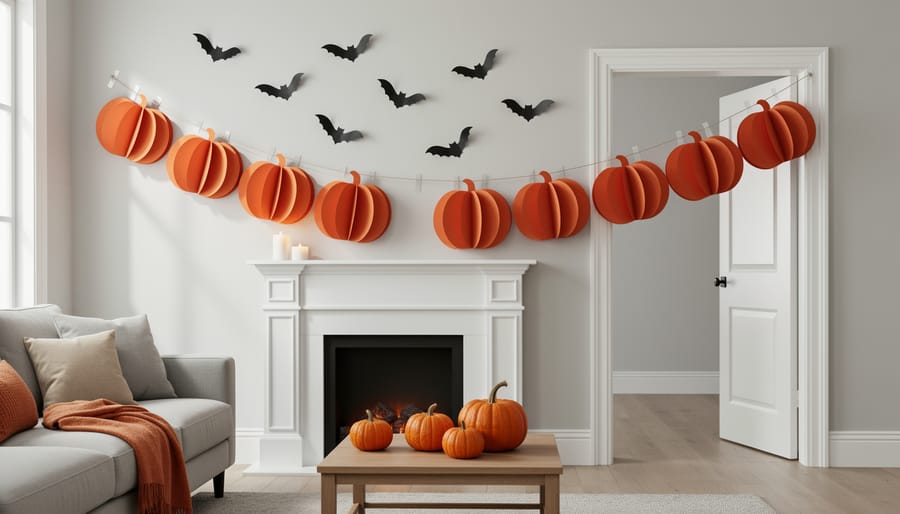A paper pumpkin garland and bat decorations hang across a living room doorway with twine and cardstock textures clearly visible.