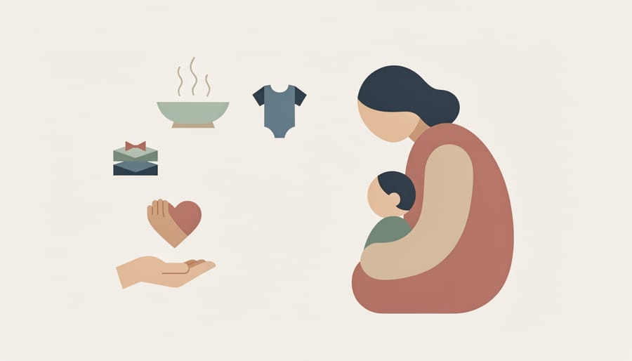 A person hands over a meal container and baby items at a doorstep, symbolizing practical support from community moms.