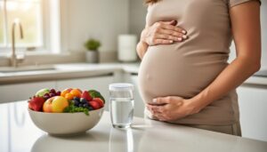 Pregnant woman gently holding her baby bump in a bright kitchen, with healthy fruits and vegetables nearby to suggest safe early pregnancy choices.