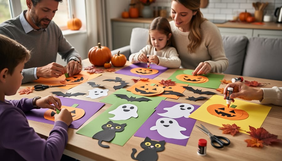 A parent and kids work together on paper Halloween crafts at a dining table, with bats and pumpkin cutouts and a partially assembled garland visible.
