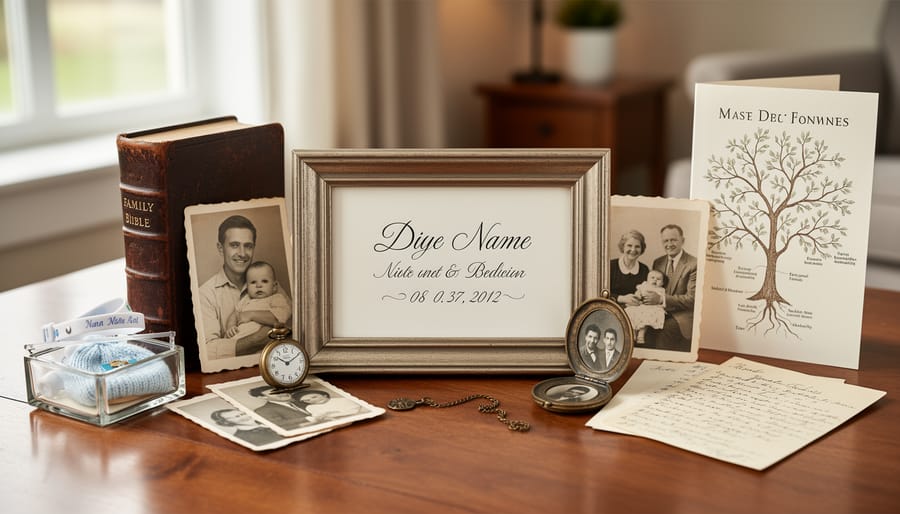 Open vintage photo album and heirloom items on a wooden table symbolizing family heritage inspiration for baby names