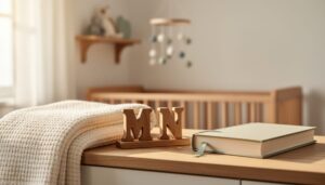 Cozy nursery scene with a closed book, soft blanket, and family keepsakes suggesting inspiration for choosing a baby name.