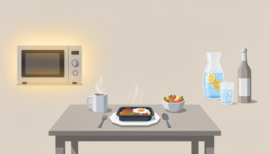 Steaming dinner table scene showing heated ready-to-eat food and a glass of sparkling water with lemon.