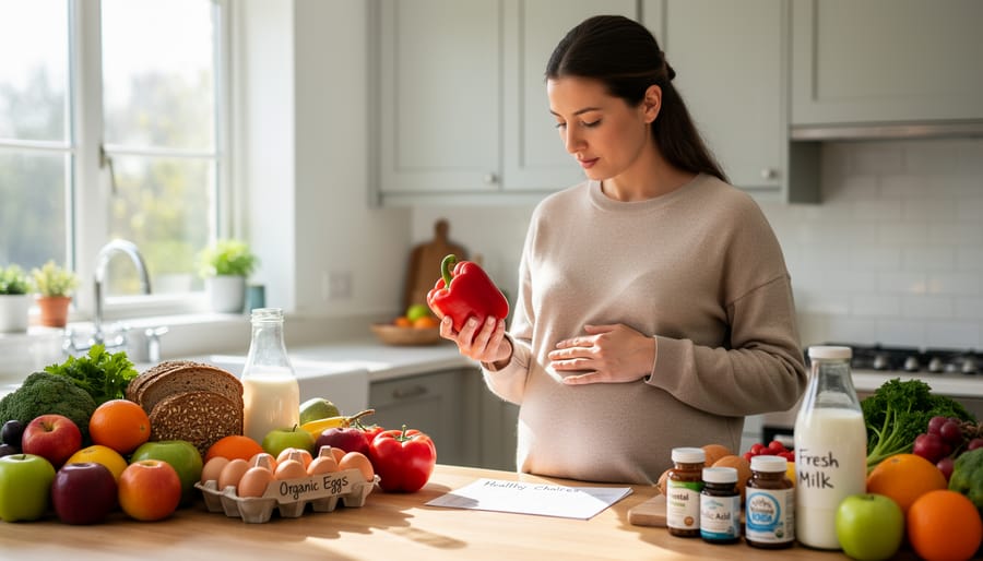 Pregnant woman selecting fresh groceries on a kitchen counter near a refrigerator